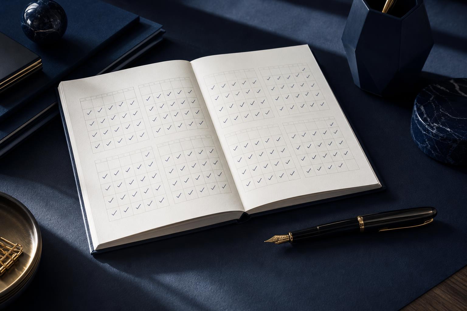 Best online reputation companies in 2026 — calendar grid showing consistent monthly deliverables on a navy desk